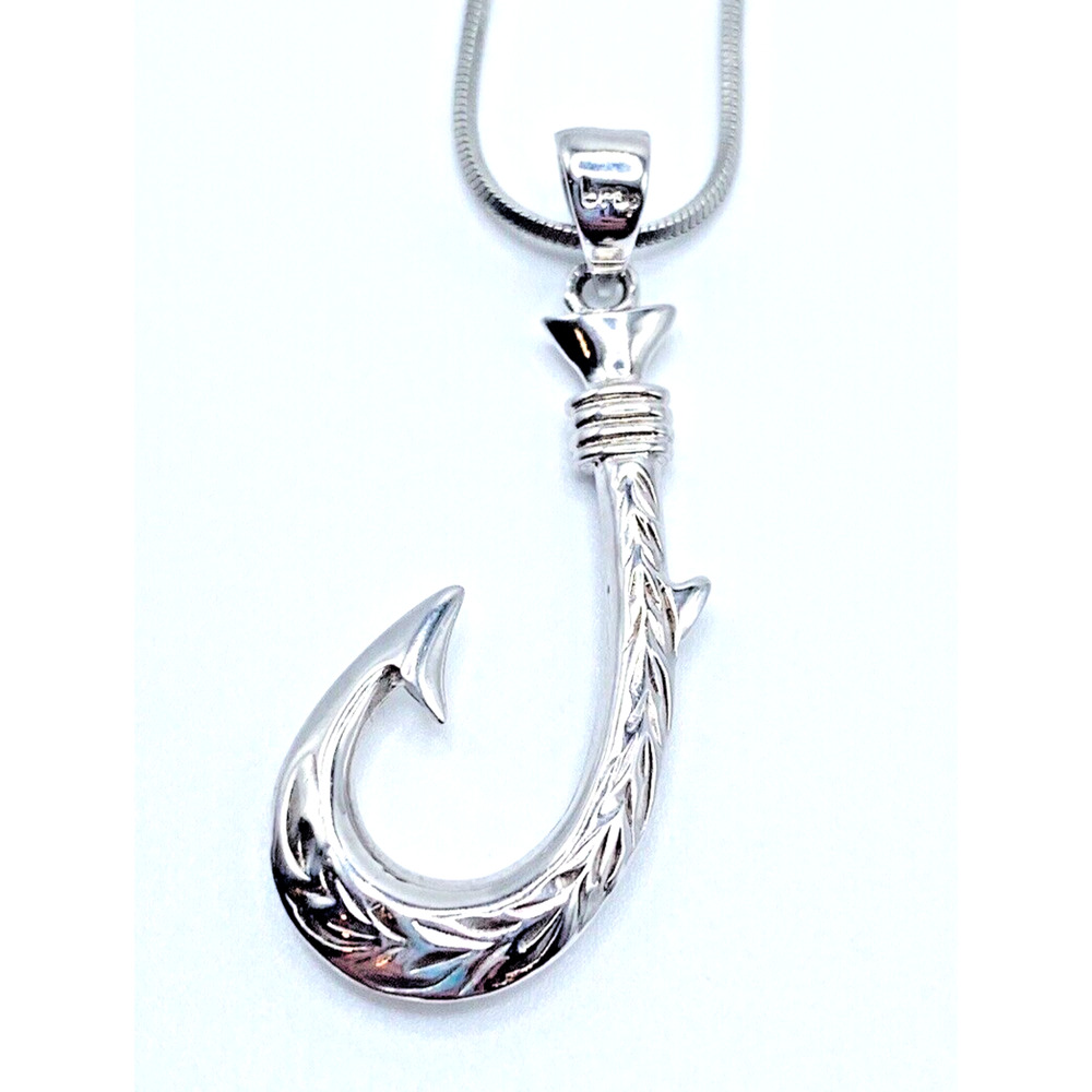 Hawaiian Fish Hook Pendant Necklace Earring Set Rhodium Etched Aloha Beach Surf - Picture 5 of 9